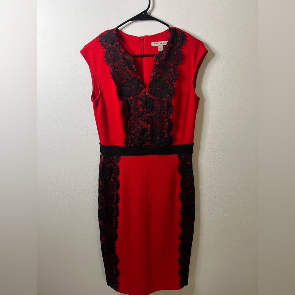Danny and Nicole red and black lace midi dress size 6 EUC